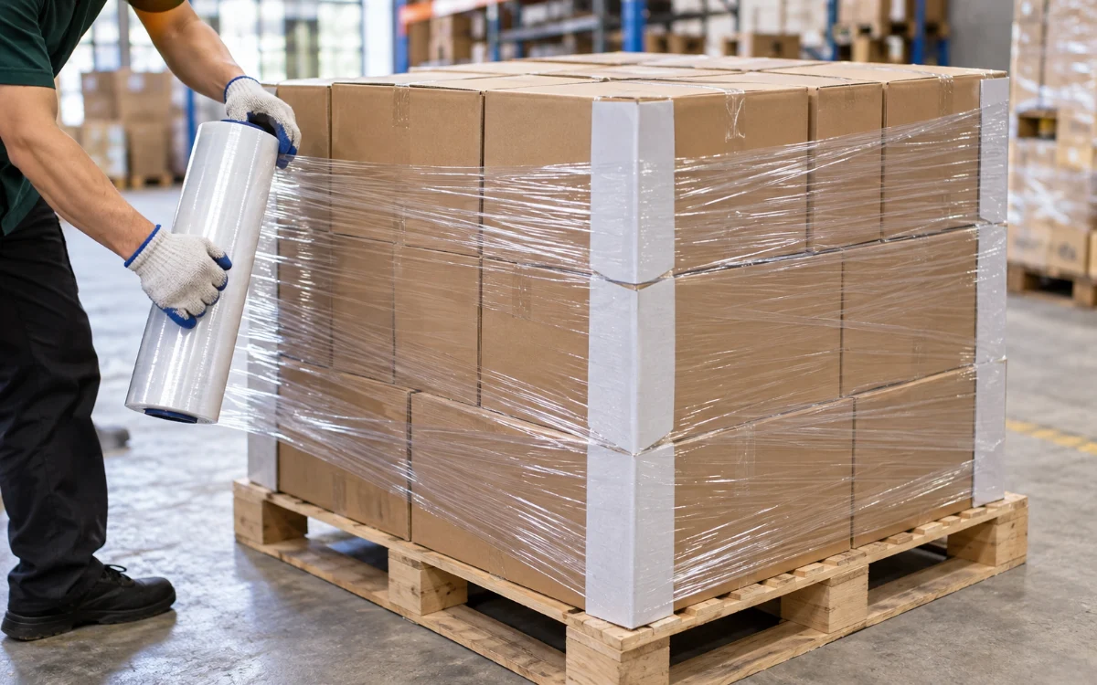 Quấn màng PE pallet hàng trước khi vận chuyển