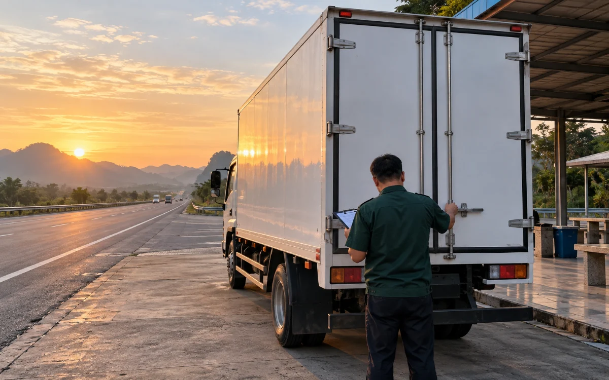 Tài xế kiểm tra xe tải trước chuyến liên tỉnh