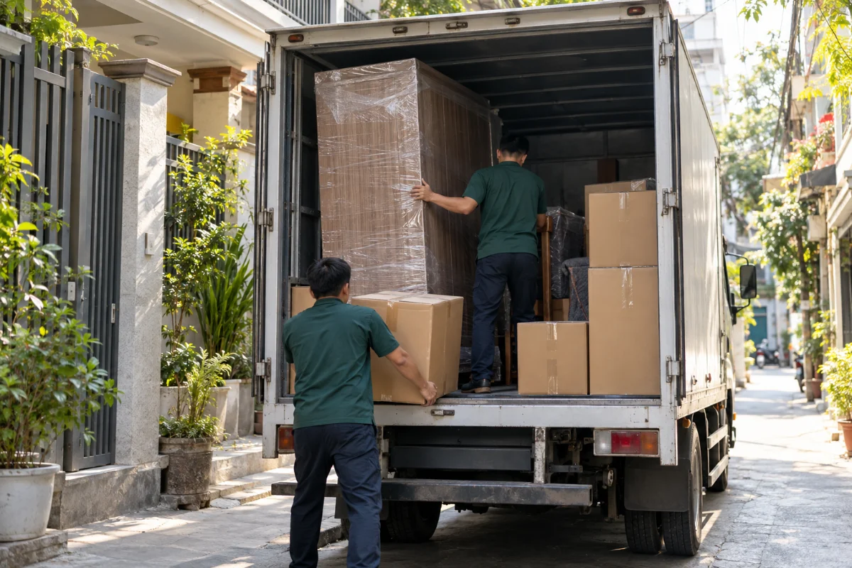 Bốc xếp đồ đạc chuyển nhà lên xe tải trong hẻm